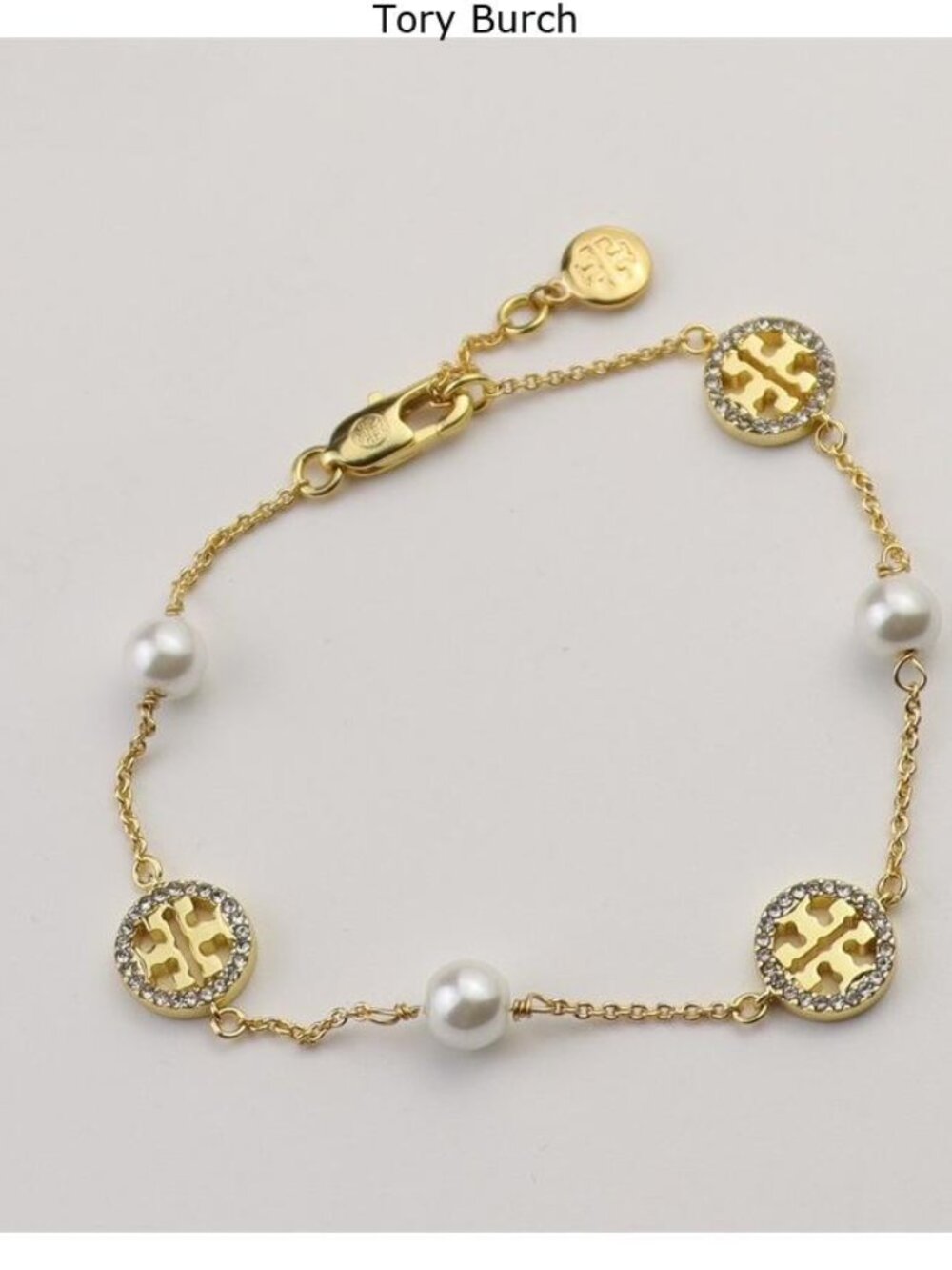 Tory Burch Gold Tone Logo, Crystal & Pearl Chain Bracelet